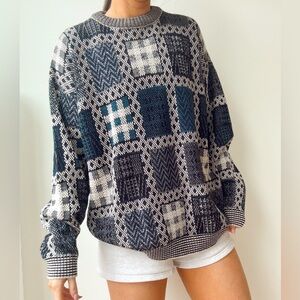 Vintage 90s plaid blue and grey Knit Sweater- L
